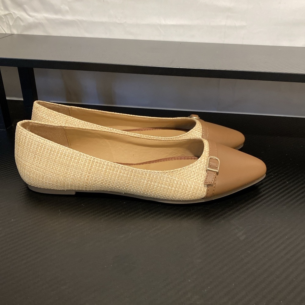 Kelly & Katie Women's Jana Pointed Toe Beige Brown‎ Buckle Flat Slip On Size 9.5